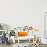 Set Masa si 2 Scaune Copii cu Tabla de Colorat si Rafturi – Mobilier 3 Piese Alb-Bej - imagine 5