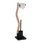 Suport hârtie igienică negru din oțel cu perie WC și efect lemn – design modern