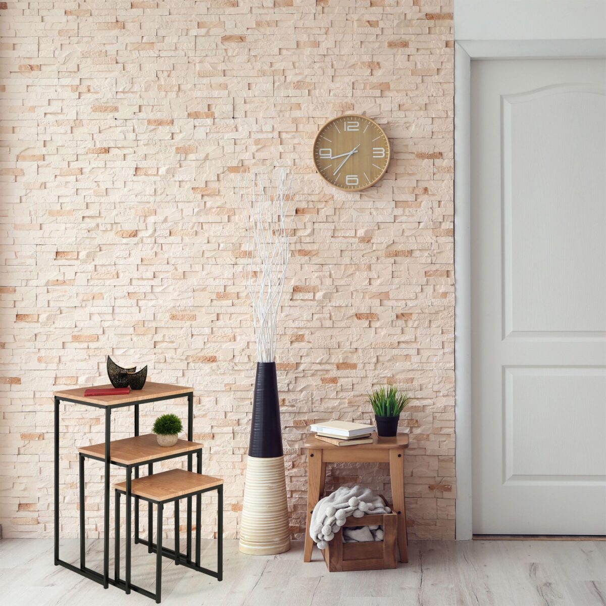 Set 3 Măsuțe Laterale Decorative pentru Living – Stejar Rustic, Meta - imagine 2