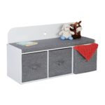 Banca pentru copii cu spatiu de depozitare si cutii textile – alb/gri, 99x35x54 cm