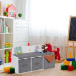 Banca pentru copii cu spatiu de depozitare si cutii textile – alb/gri, 99x35x54 cm - imagine 2