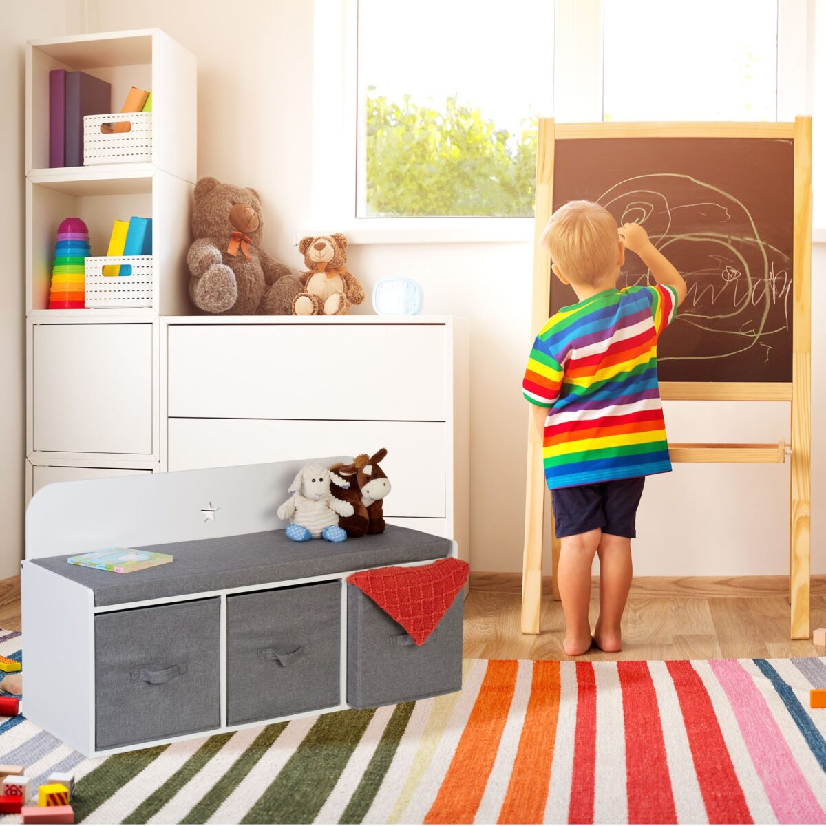 Banca pentru copii cu spatiu de depozitare si cutii textile – alb/gri, 99x35x54 cm - imagine 3