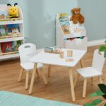 Set Masa si 2 Scaune pentru Copii – Mobilier camera copiilor, Picioare din Lemn, Alb-Natur Modern, 3 Piese - imagine 3