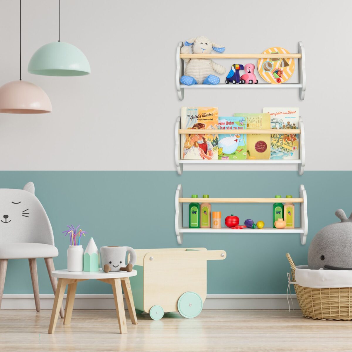 Set 3 rafturi de carti pentru camera copiilor, in forma de nor – Alb, din lemn si MDF - imagine 2