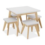 Set Masa si Scaune pentru Copii din Lemn – 5 Piese cu Picioare din Bambus, Alb