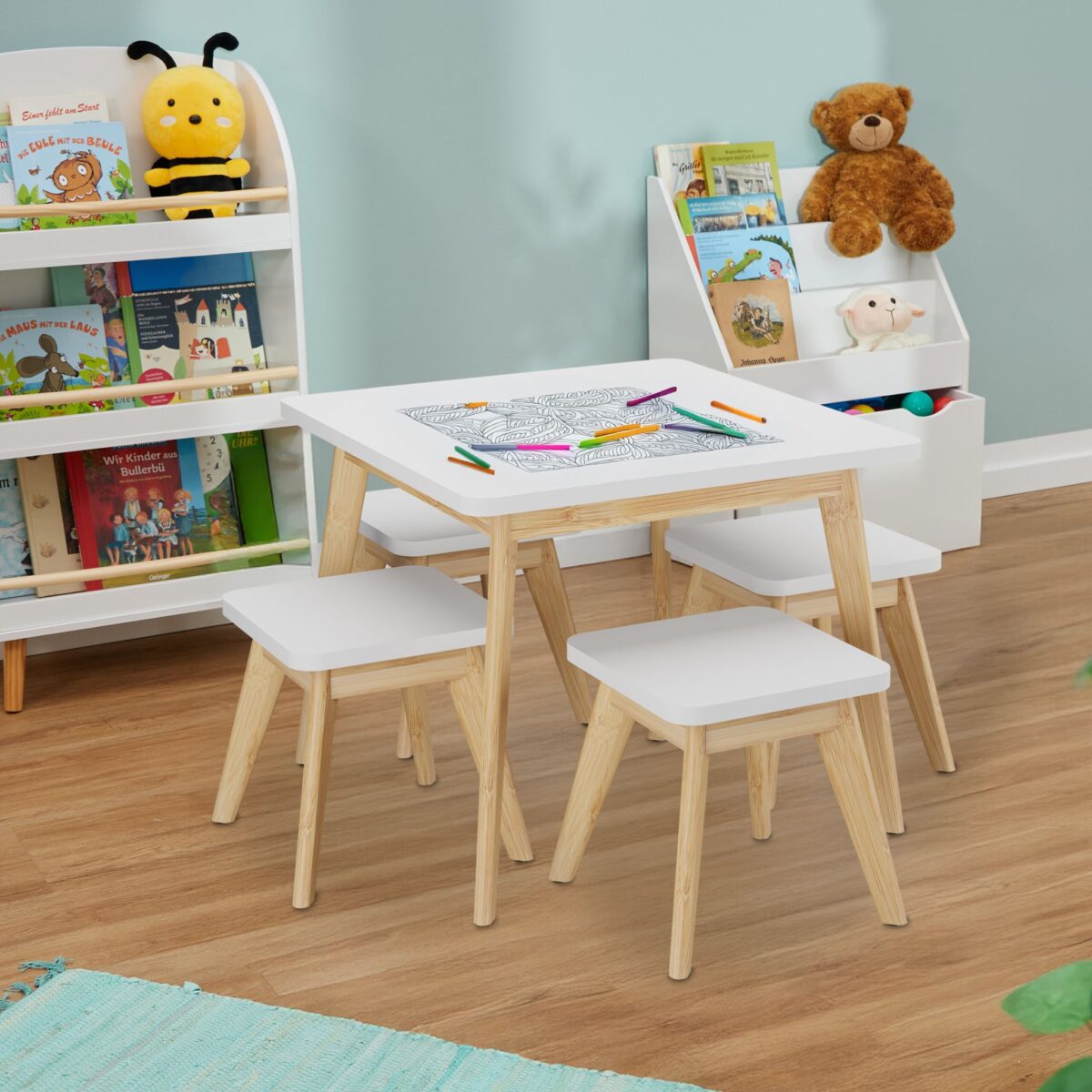 Set Masa si Scaune pentru Copii din Lemn – 5 Piese cu Picioare din Bambus, Alb - imagine 2