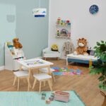 Set Masa si Scaune pentru Copii din Lemn – 5 Piese cu Picioare din Bambus, Alb - imagine 3