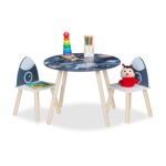 Masa cu 2 Scaune pentru Copii - Design Spatial, 3 Piese Colorate cu Picioare din Lemn, Albastru