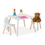 Set Masa si 2 Scaune pentru Copii – Mobilier Alb-Natur cu Picioare din Lemn, 3 Piese