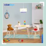 Set Masa si 2 Scaune pentru Copii – Mobilier Alb-Natur cu Picioare din Lemn, 3 Piese - imagine 2