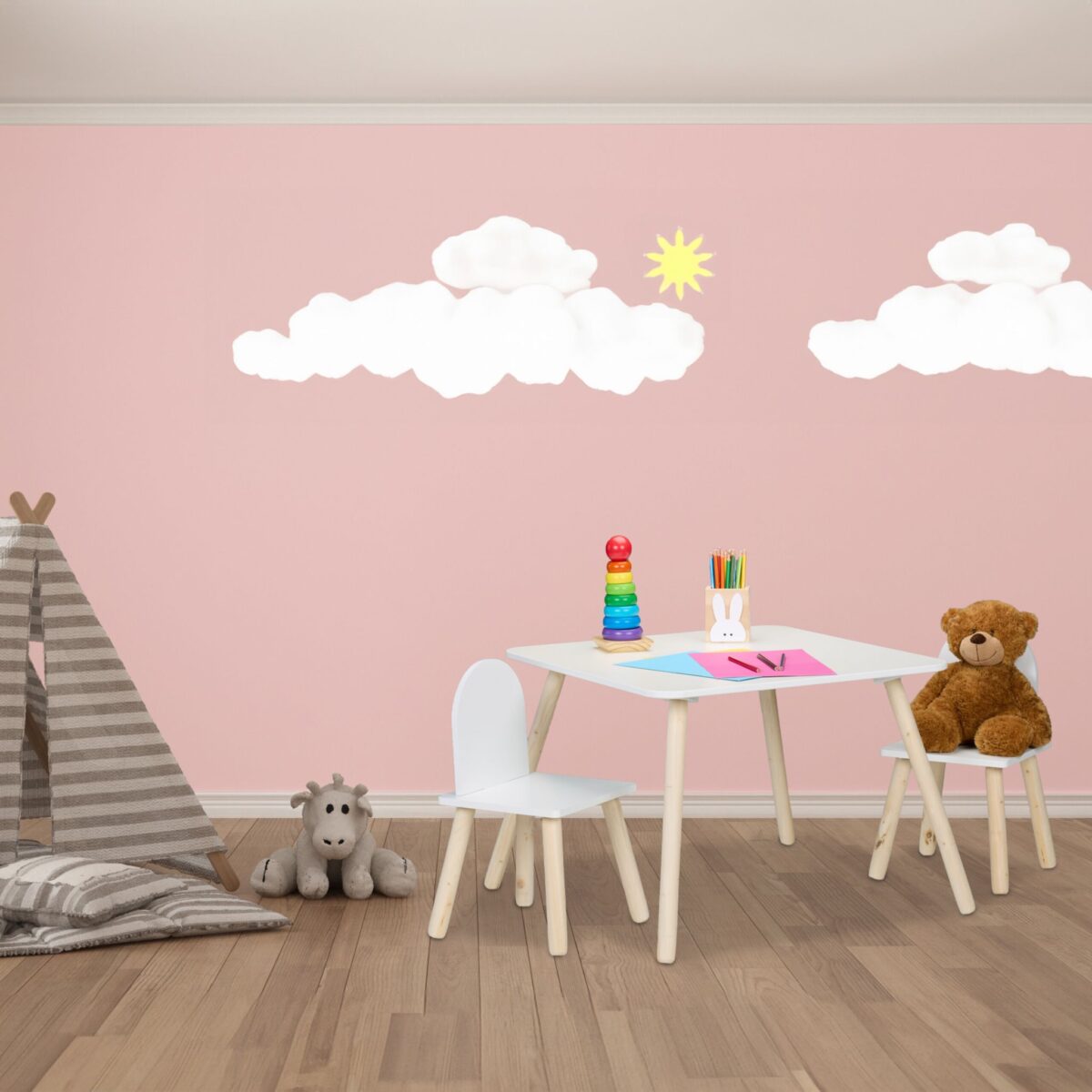 Set Masa si 2 Scaune pentru Copii – Mobilier Alb-Natur cu Picioare din Lemn, 3 Piese - imagine 3