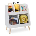 Raft alb pentru jucarii cu 5 compartimente si picioare din lemn - Dulapior pentru copii