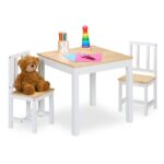 Masa si 2 Scaune pentru Copii, cu Blat din Lemn si Design Modern, Alb-Natur, Mobilier camera copiilor