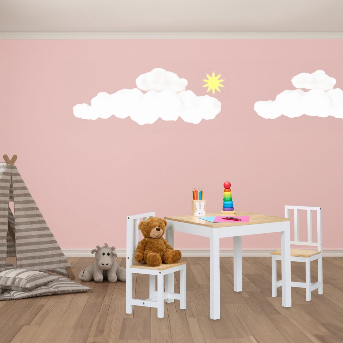 Masa si 2 Scaune pentru Copii, cu Blat din Lemn si Design Modern, Alb-Natur, Mobilier camera copiilor - imagine 2
