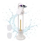 Suport hârtie igienică din metal și bambus cu perie WC și poliță – design elegant, Alb