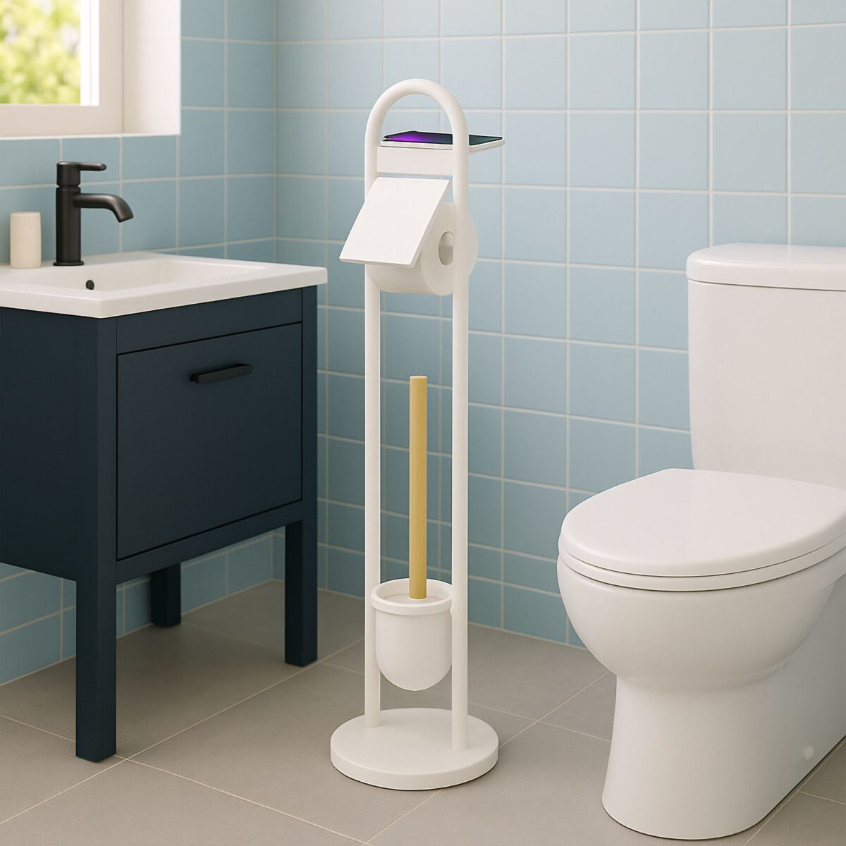 Suport hârtie igienică din metal și bambus cu perie WC și poliță – design elegant, Alb - imagine 2