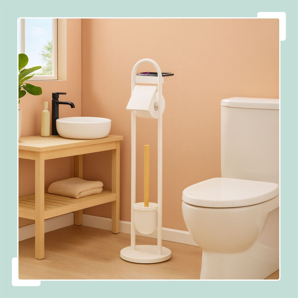 Suport hârtie igienică din metal și bambus cu perie WC și poliță – design elegant, Alb - imagine 3