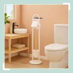 Suport hârtie igienică din metal și bambus cu perie WC și poliță – design elegant, Alb - imagine 3