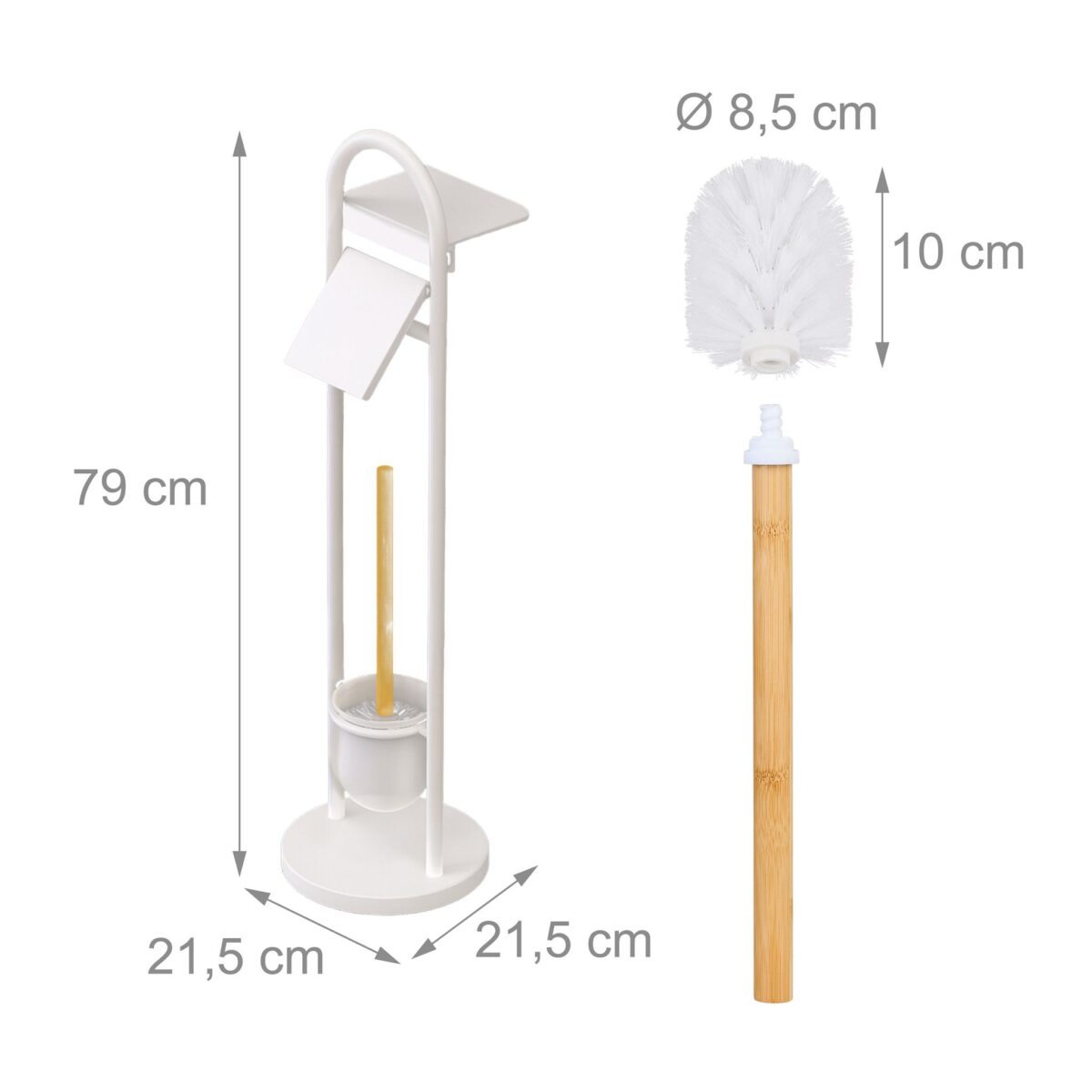 Suport hârtie igienică din metal și bambus cu perie WC și poliță – design elegant, Alb - imagine 8