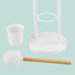Suport hârtie igienică din metal și bambus cu perie WC și poliță – design elegant, Alb - imagine 4