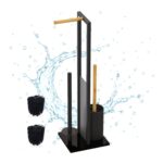Set baie din bambus si metal - suport hârtie igienică și perie WC, Negru