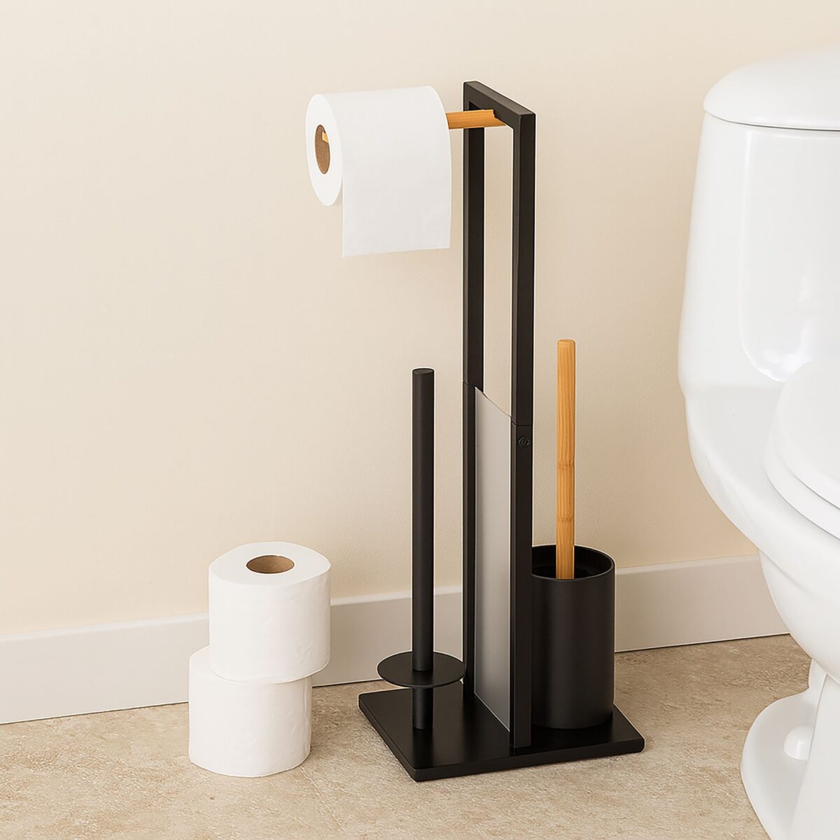 Set baie din bambus si metal - suport hârtie igienică și perie WC, Negru - imagine 2