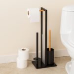 Set baie din bambus si metal - suport hârtie igienică și perie WC, Negru - imagine 2