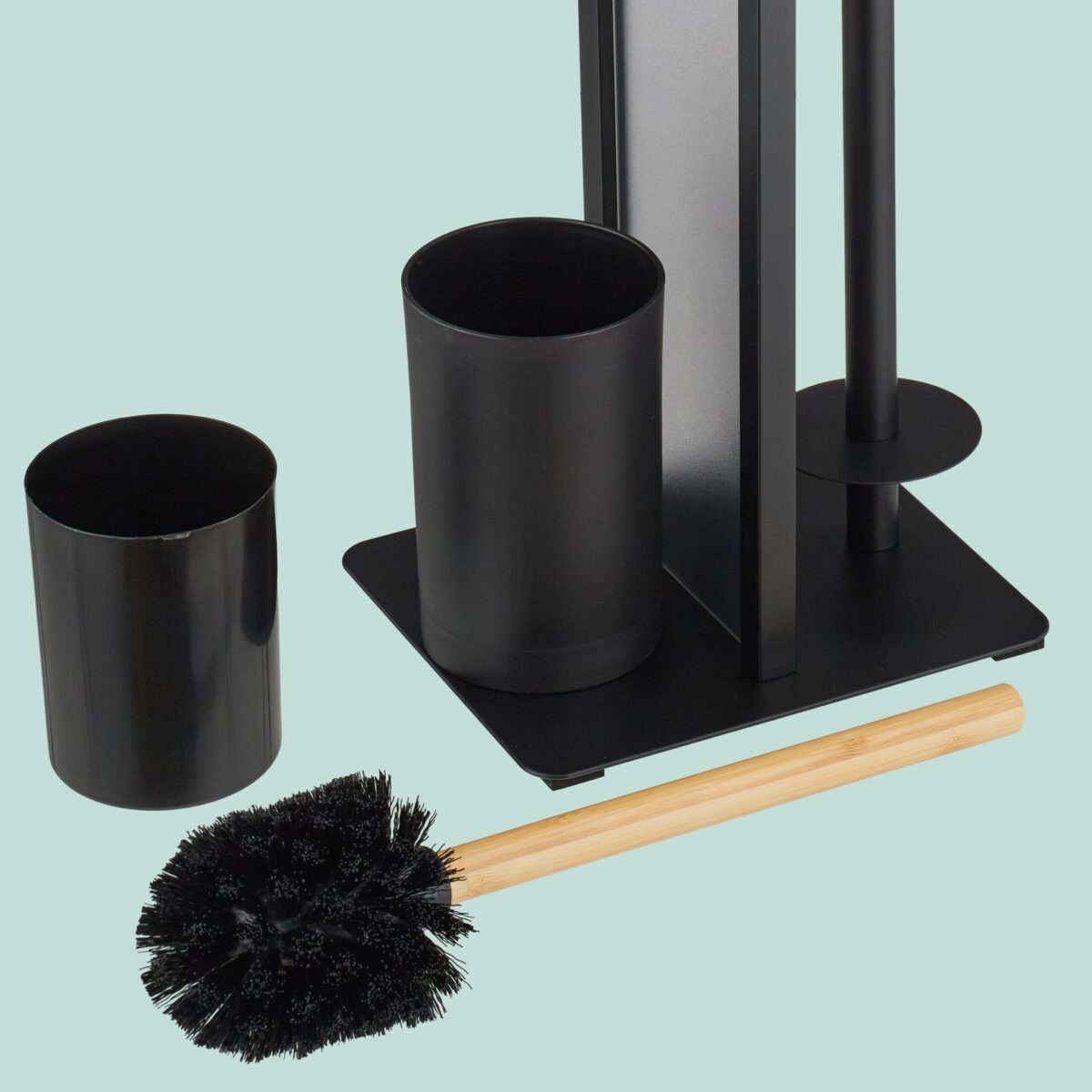 Set baie din bambus si metal - suport hârtie igienică și perie WC, Negru - imagine 3