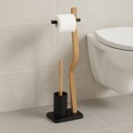 Suport hârtie igienică din metal și lemn cu perie WC – design modern și stabil, Negru - imagine 2