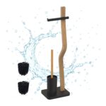 Suport hârtie igienică din metal și lemn cu perie WC – design modern și stabil, Negru