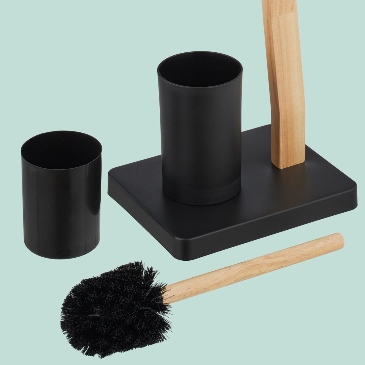 Suport hârtie igienică din metal și lemn cu perie WC – design modern și stabil, Negru - imagine 5
