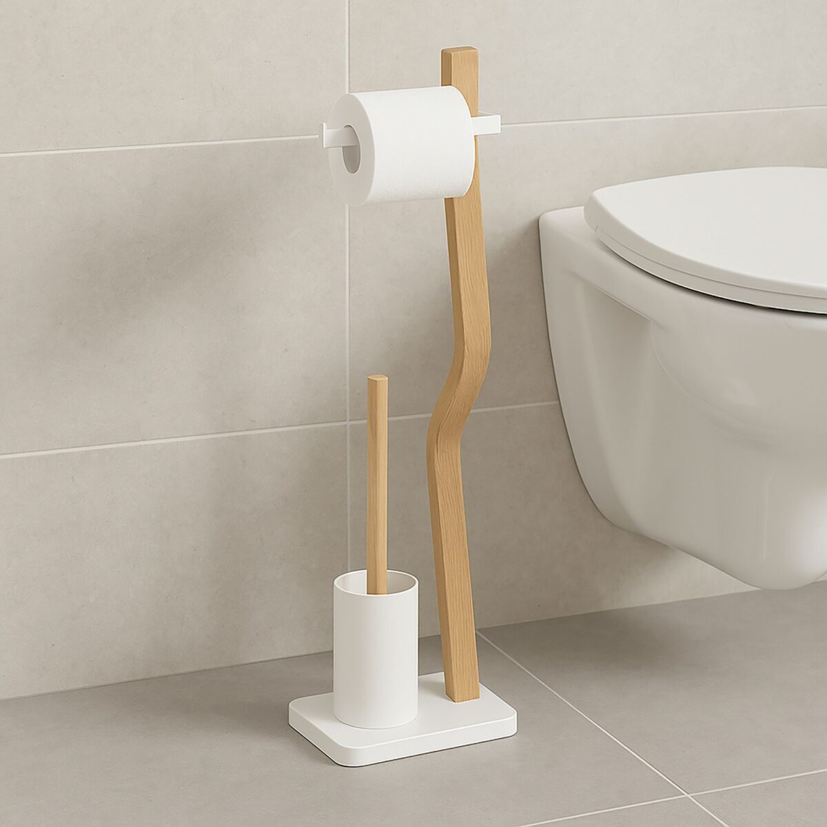 Suport hârtie igienică din metal și lemn cu perie WC – design modern și stabil - imagine 2