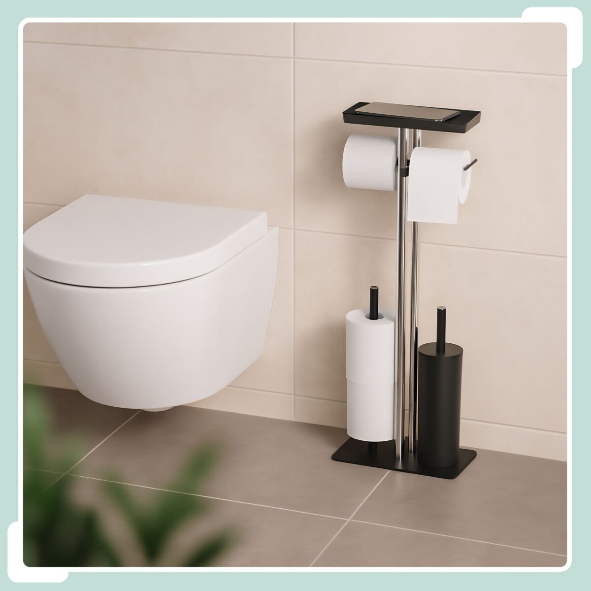 Set toaleta - Suport hartie, perie toaleta, loc rezerve, raft, Inox, Negru - imagine 2