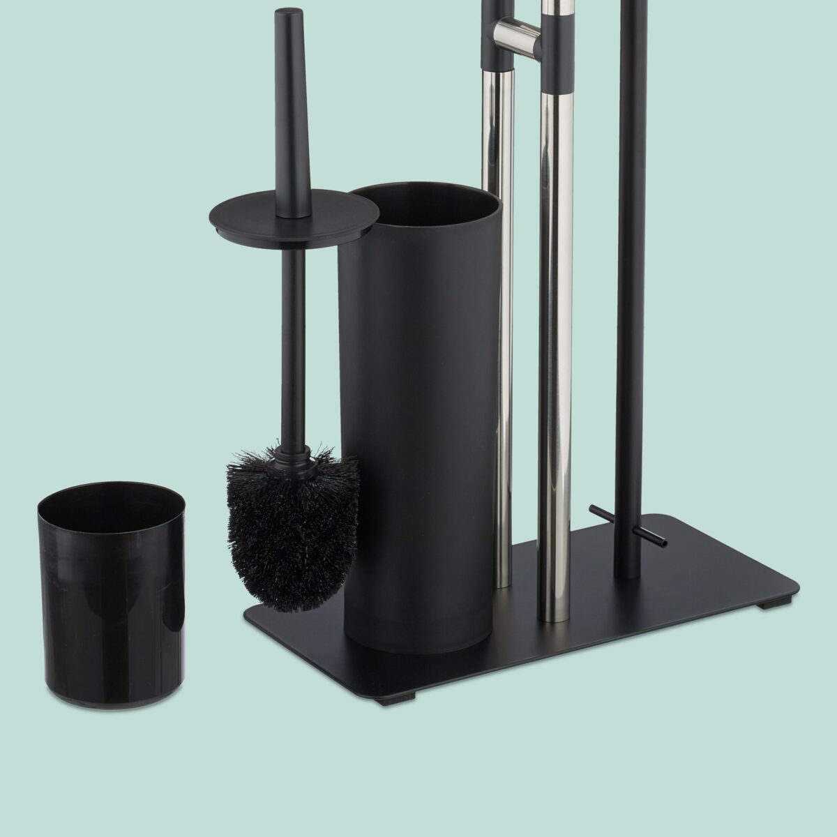 Set toaleta - Suport hartie, perie toaleta, loc rezerve, raft, Inox, Negru - imagine 4