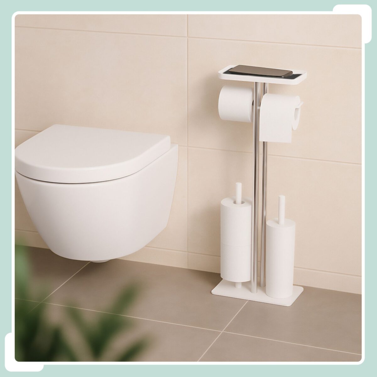 Set toaleta - Suport hartie, perie toaleta, loc rezerve, raft, Inox, Alb - imagine 3