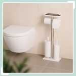 Set toaleta - Suport hartie, perie toaleta, loc rezerve, raft, Inox, Alb - imagine 3