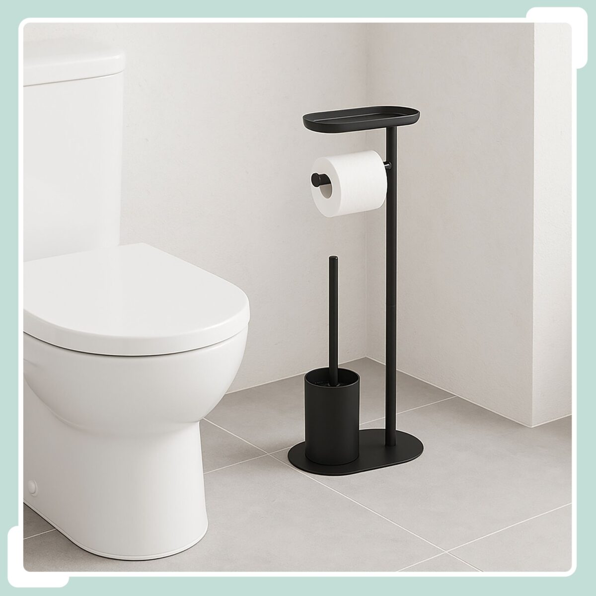 Set toaleta cu raft – suport hârtie igienică & perie toaletă, Negru - imagine 3