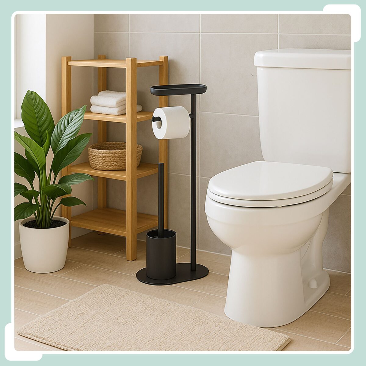 Set toaleta cu raft – suport hârtie igienică & perie toaletă, Negru - imagine 2