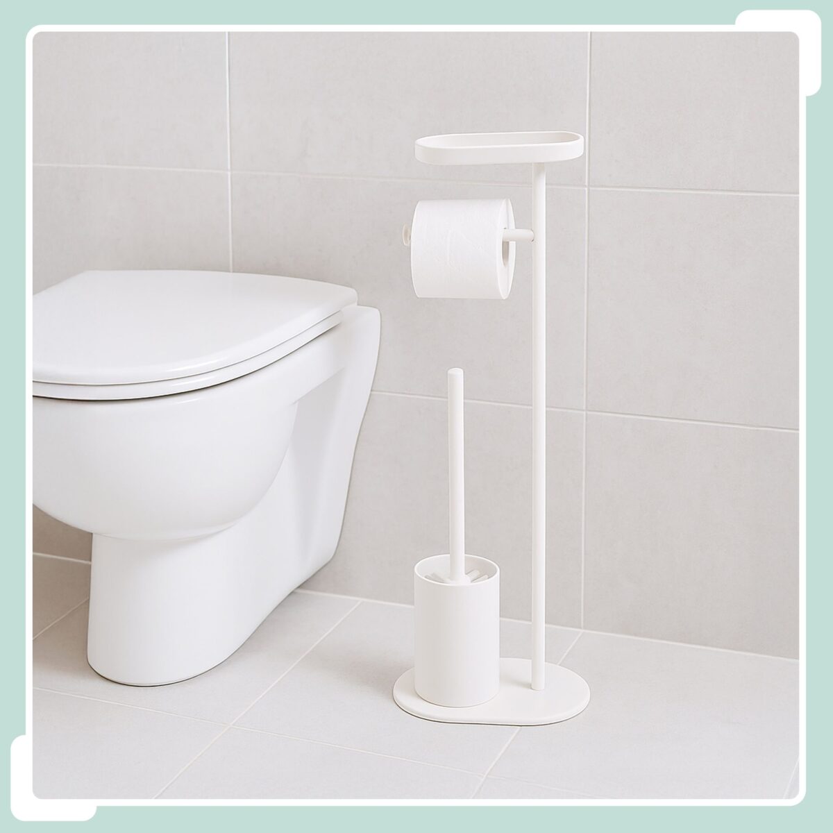 Set toaleta cu raft – suport hârtie igienică & perie toaletă, Alb - imagine 2