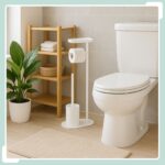 Set toaleta cu raft – suport hârtie igienică & perie toaletă, Alb - imagine 3