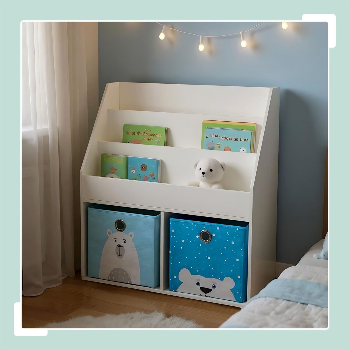 Raft carti pentru copii cu 2 cutii textile pentru jucarii, alb, 79x72x30,5 cm - imagine 2