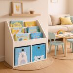 Raft carti pentru copii cu 2 cutii textile pentru jucarii, alb, 79x72x30,5 cm - imagine 3