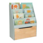 Raft cărți pentru copii cu ladă de jucării pe roți – design modern Mint & Natur, 80x60x30 cm