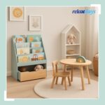 Raft cărți pentru copii cu ladă de jucării pe roți – design modern Mint & Natur, 80x60x30 cm - imagine 2