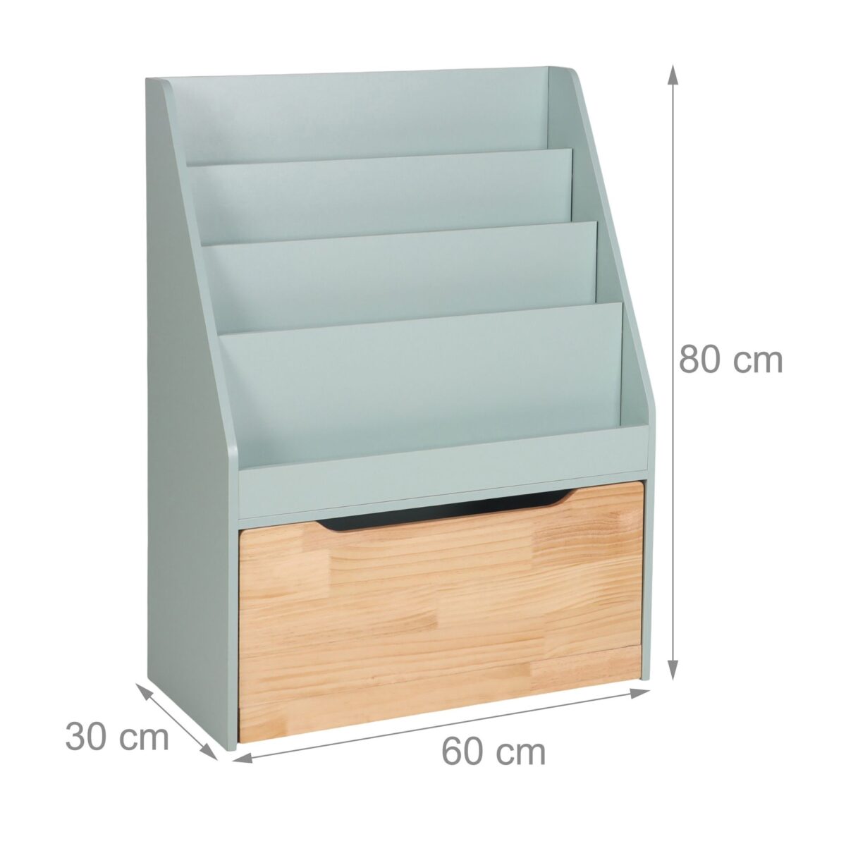Raft cărți pentru copii cu ladă de jucării pe roți – design modern Mint & Natur, 80x60x30 cm - imagine 9