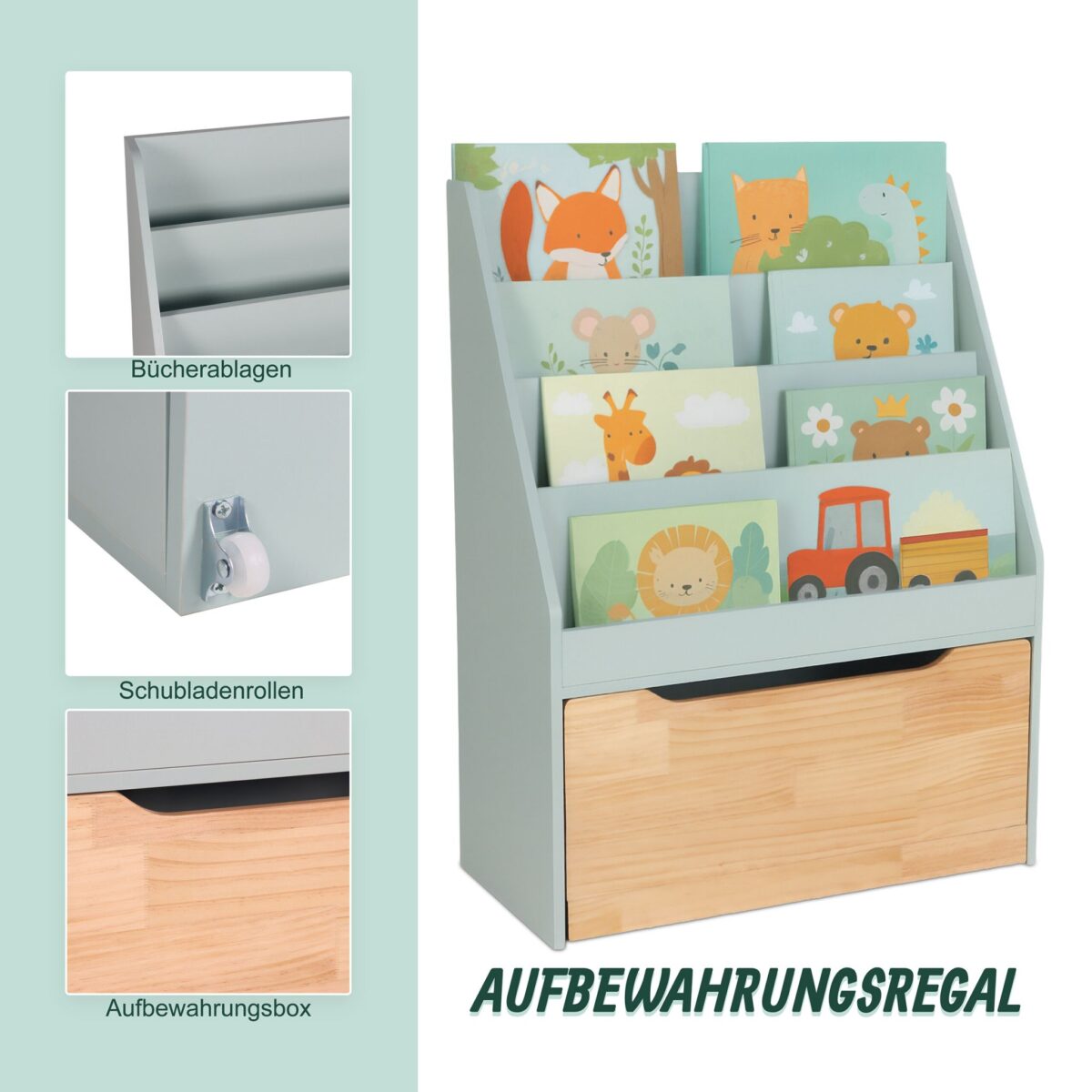 Raft cărți pentru copii cu ladă de jucării pe roți – design modern Mint & Natur, 80x60x30 cm - imagine 4