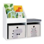 Mobilier pentru copii 3 in 1 - Bancuta pentru copii cu rafturi si cutii de depozitare – alb-gri