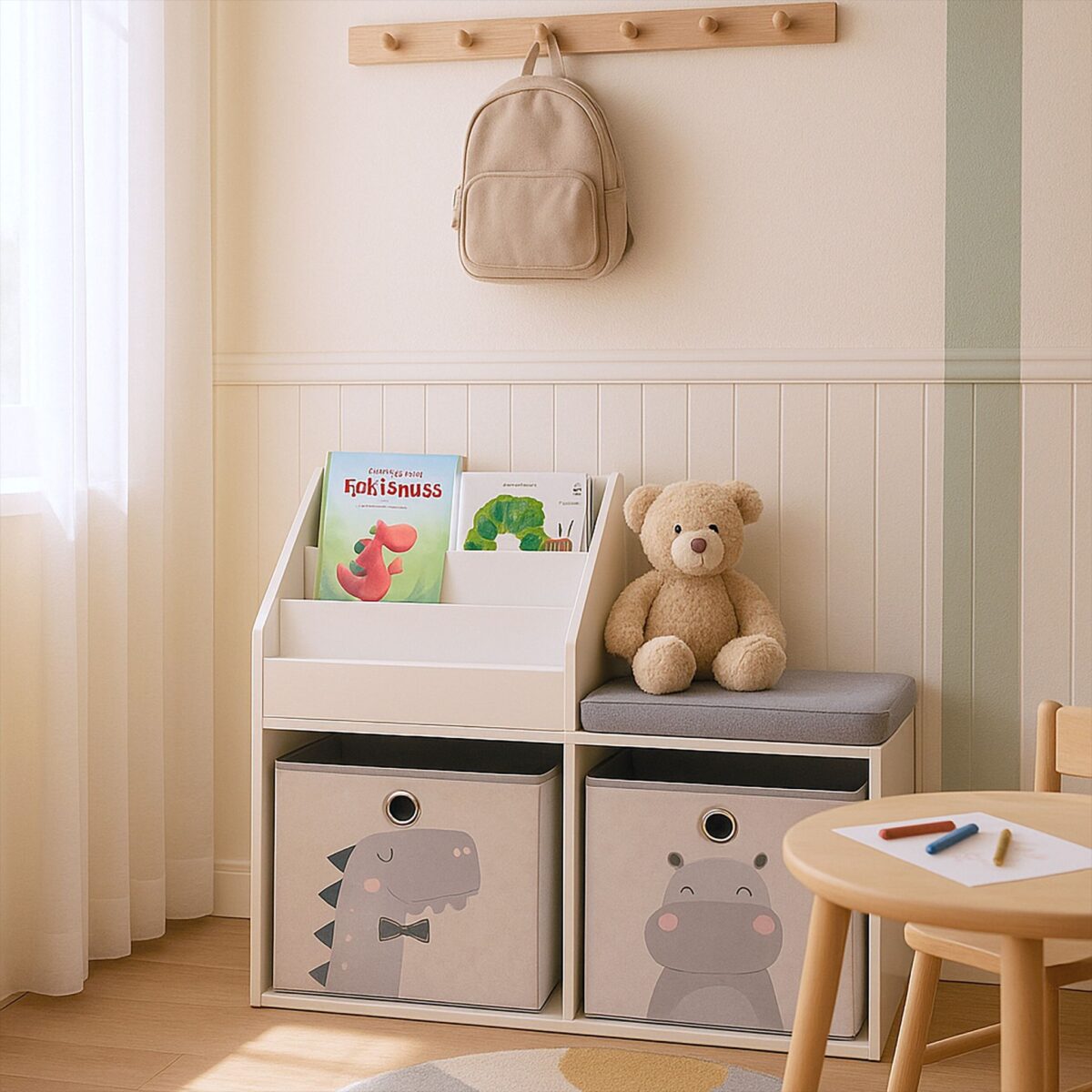 Mobilier pentru copii 3 in 1 - Bancuta pentru copii cu rafturi si cutii de depozitare – alb-gri - imagine 2