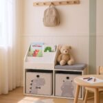 Mobilier pentru copii 3 in 1 - Bancuta pentru copii cu rafturi si cutii de depozitare – alb-gri - imagine 2
