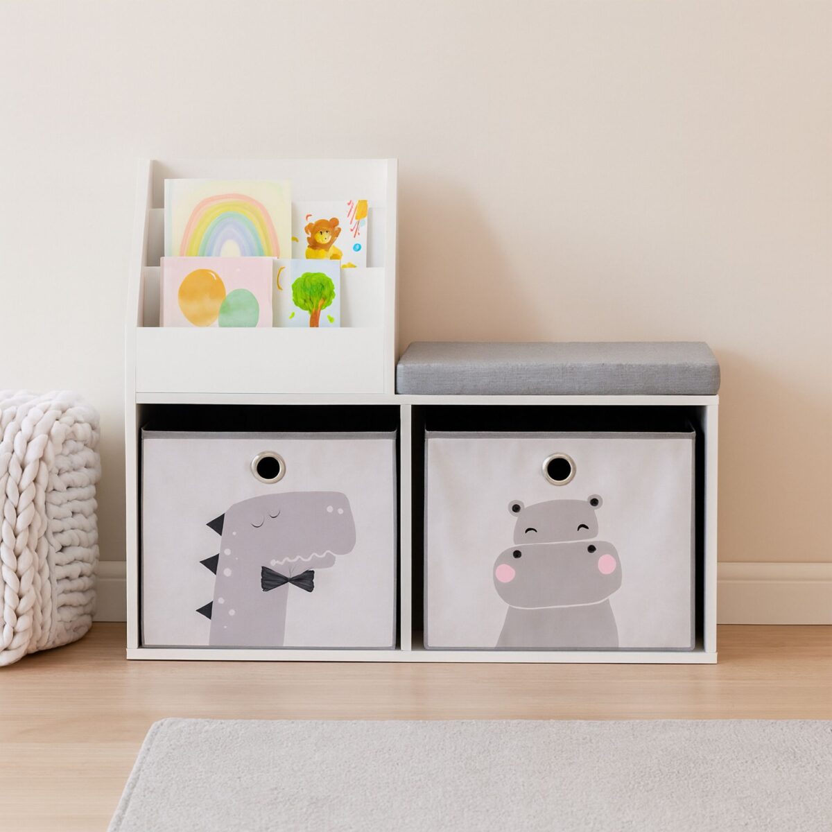 Mobilier pentru copii 3 in 1 - Bancuta pentru copii cu rafturi si cutii de depozitare – alb-gri - imagine 3